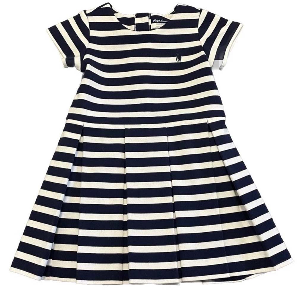 NWOT Ralph Lauren Baby Girls Pleated Dress 18M Navy White Striped Short Sleeve